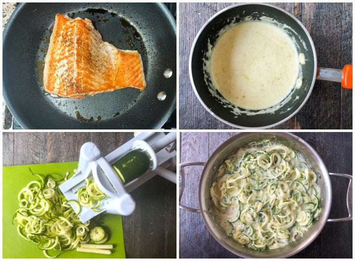 collage of pictures on how to make keto salmon alfredo with zucchini noodles