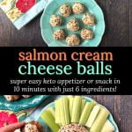 blue and green plate with salmon and cream cheese balls appetizer and text