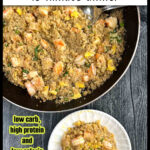 Pan and plate of the keto shrimp fried rice with cauliflower rice and text overlay.