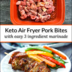 marinating meat and white plate with keto pork bites on skewers and julienne vegetables and text