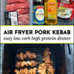 ingredients and air fryer basket with keto pork bites on skewers and julienne vegetables and text
