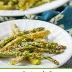 white plates with keto asiago asparagus fries made in the air fryer and text