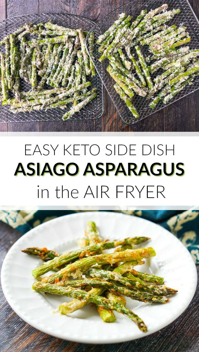 white plates with keto asiago asparagus fries made in the air fryer and text