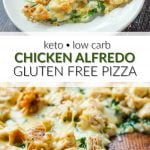 cookie sheet and white plate with keto chicken alfredo pizza and text