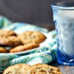 keto chocolate chip cookies with blue towel and text