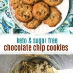 keto chocolate chip cookies with blue towel and text