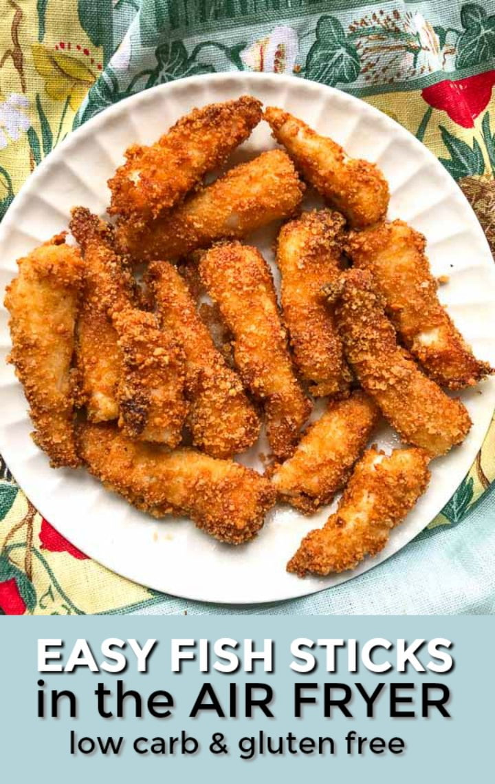 white plates with keto air fryer fish sticks and text