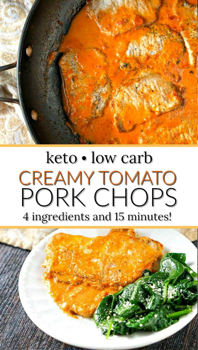 pan and plate with keto creamy tomato pork chops and text