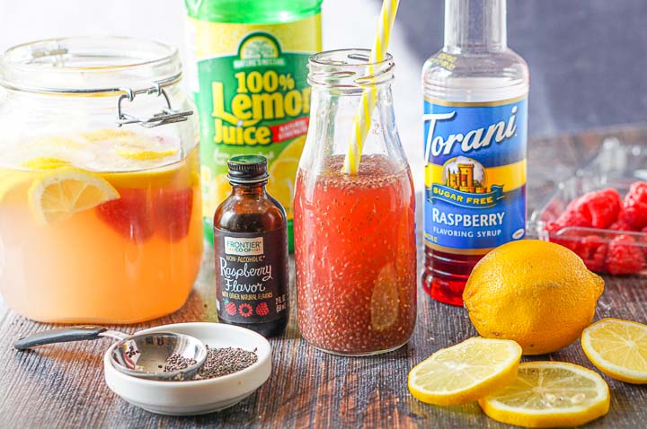 everything to make raspberry lemonade chia drink: sugar free raspberry lemonade, chia seeds, raspberry extract, lemon juice, sugar free raspberry syrup