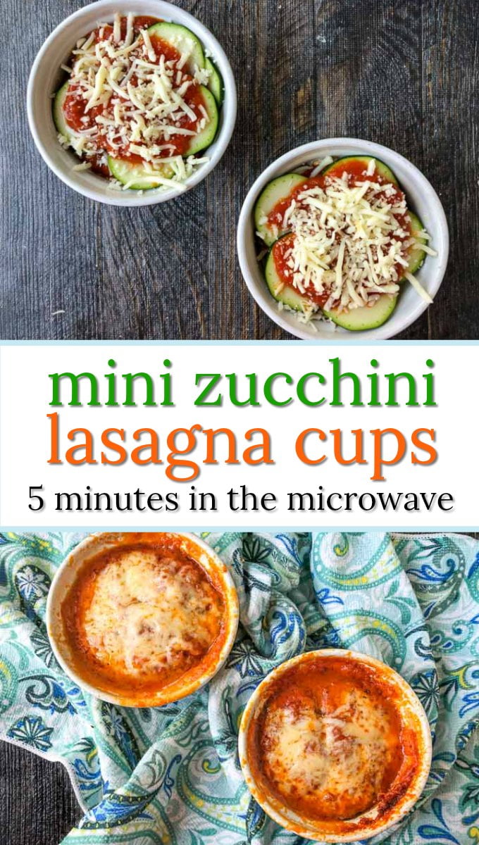 white ramekins with microwaveable mini zucchini lasagna with text 