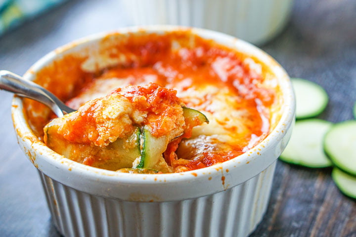 a spoonful of zucchini lasagna made in the microwave