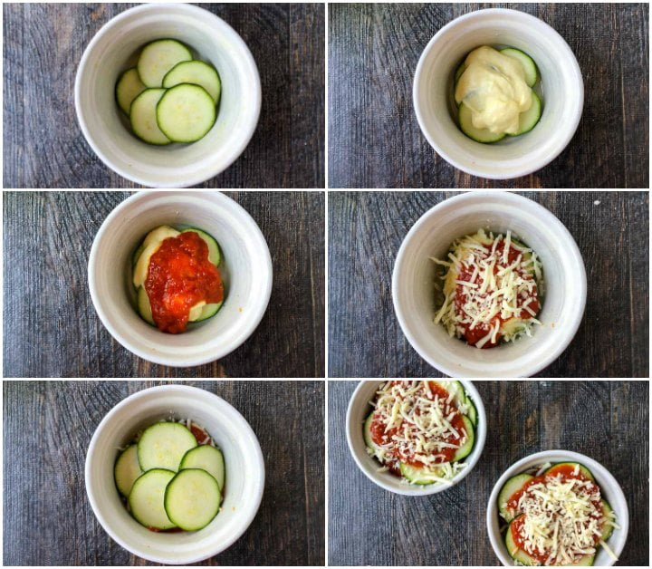 collage of how to layer the zucchini, sauce and cheeses to make the mini zucchini lasagna cups