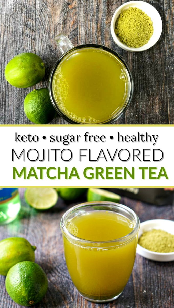 glass mug of mojito keto matcha drink with limes and text