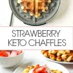 keto chaffle on white plate with strawberries and cream and text