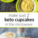microwave keto cupcakes with a candle and text
