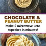 glass cup with microwave chocolate keto cupcake with sugar free peanut butter icing and text