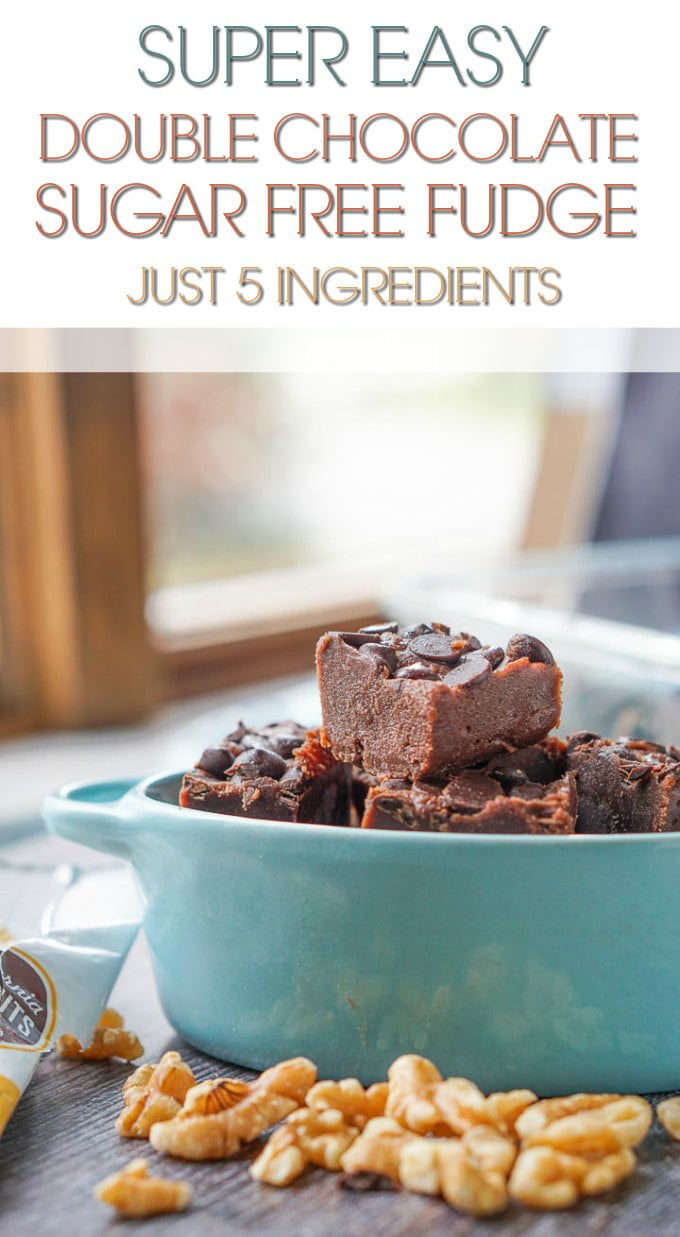 double chocolate keto fudge in blue bowel and scattered walnuts with text