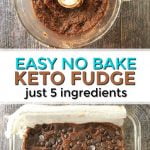 double chocolate keto fudge in blue bowel and scattered walnuts with text