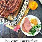 spiral sugar free glazed ham on a silver platter with text