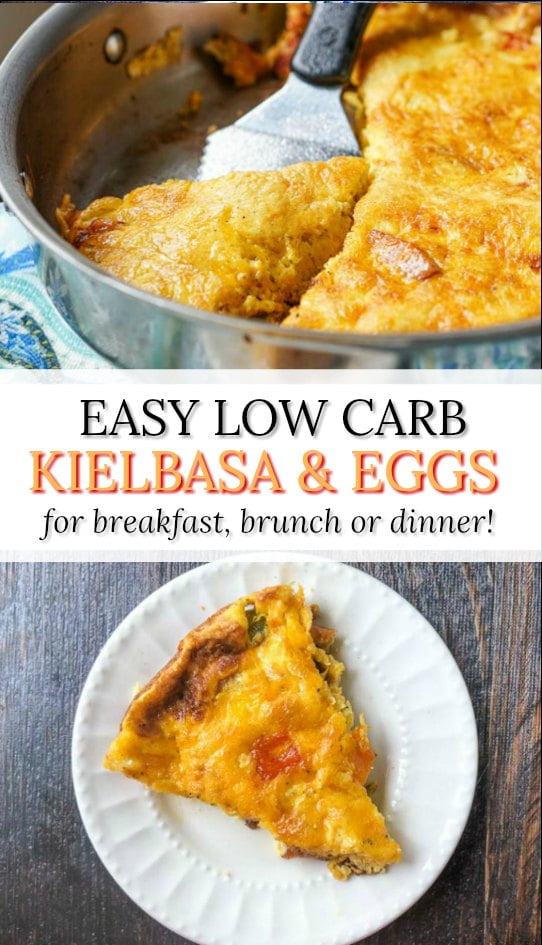 white plate and pan with low carb breakfast kielbasa and eggs with text