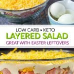 glass bowl with low carb layered ham salad using Easter leftovers with text