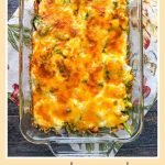 glass baking dish with low carb creamy vegetable & ham casserole and text