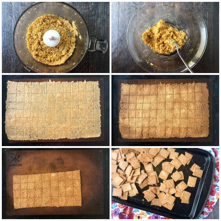 collage of pictures with how to make peanut crackers involving a food processor and cookie trays.