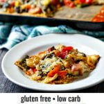 low carb roasted vegetable flatbread pizza with text