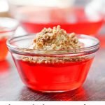 mini low carb strawberry jello desserts with text