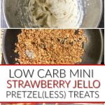 collage of pics making mini low carb strawberry jello desserts with text