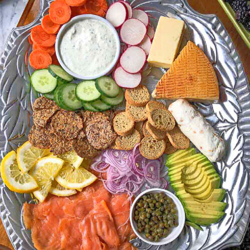 Aerial view of a low carb brunch platter filled with keto charcuterie foods.