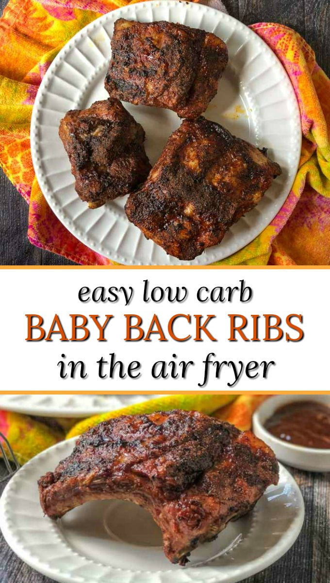 white plate with air fryer  keto bbq baby back ribs with text