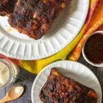 white plate with air fryer keto bbq baby back ribs with text