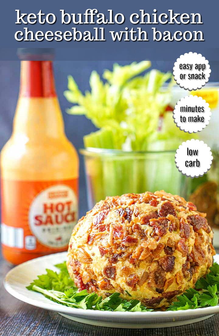 white plate with keto buffalo chicken cheese ball covered in bacon and text