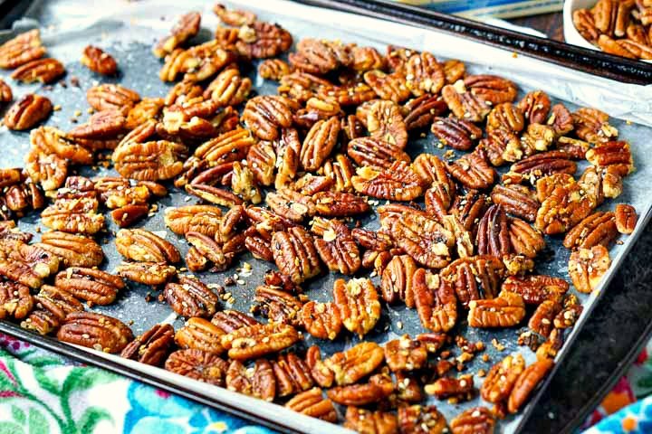 cookie sheet with toasted everything spice pecans 