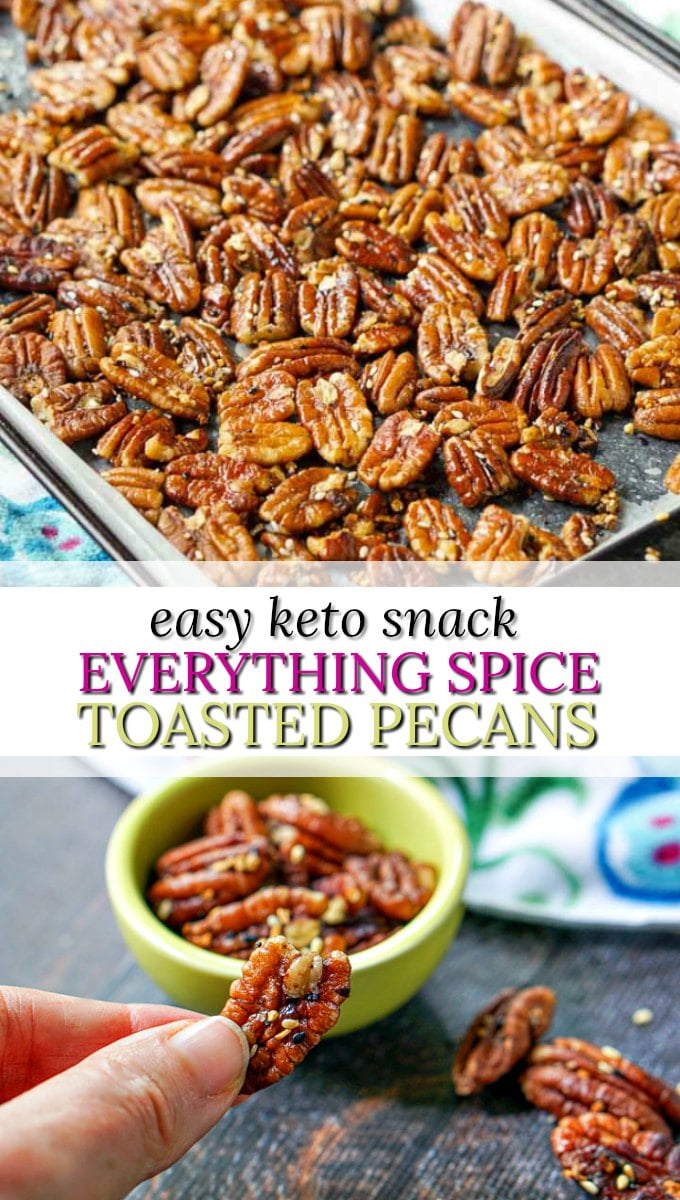 cookie tray and green bowl with low carb everything spice pecans and text