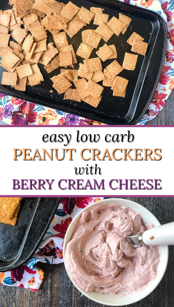 cookie sheet with keto peanut crackers and berry cream cheese and text