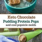 blue bowl with keto chocolate pudding protein pops and text