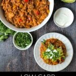 white plate and bowl with keto taco ground beef casserole in the slow cooker and text