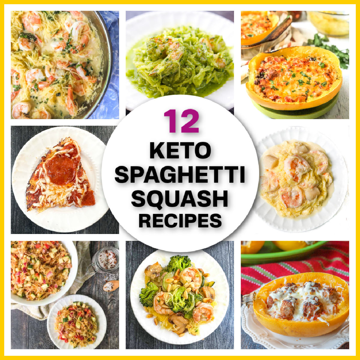 collage of 12 keto spaghetti squash recipes and text