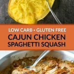 low carb cajun chicken spaghetti squash skillet with text and white plate