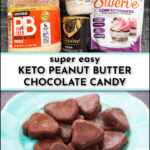 ingredients and keto chocolate peanut butter candy on a blue aqua plate and text