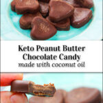 keto chocolate peanut butter candy on a blue aqua plate and text