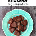 keto chocolate peanut butter candy on a blue aqua plate and text