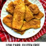 white plate with keto fried zucchini in the air fryer with text