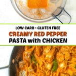 white plate and pan with low carb creamy red pepper pasta with text