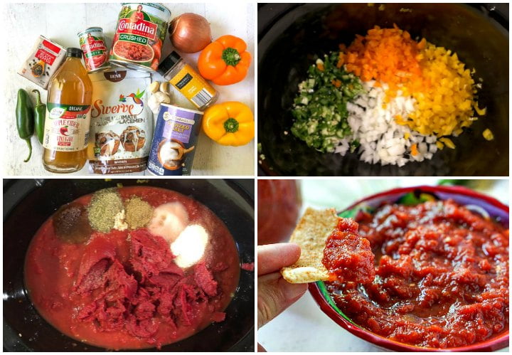 collage of how to make low carb salsa in the slow cooker