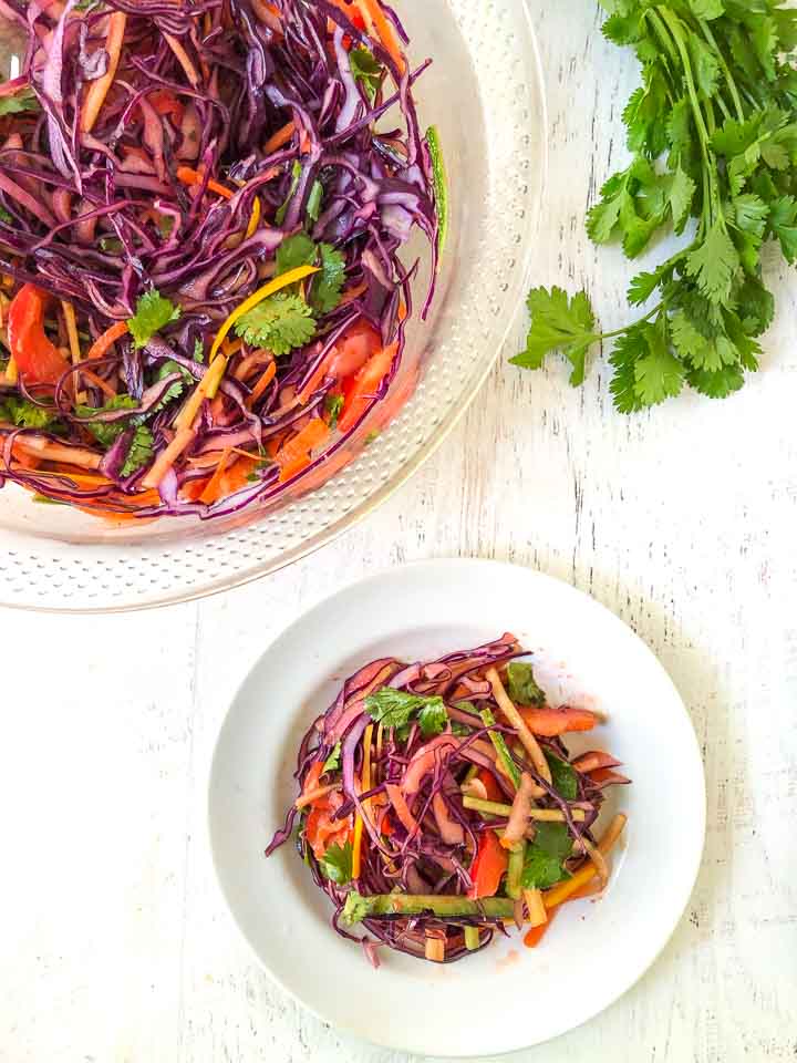 aerial view of white plate and bowl with low carb rainbow Asian slaw and a bunch of cilantro