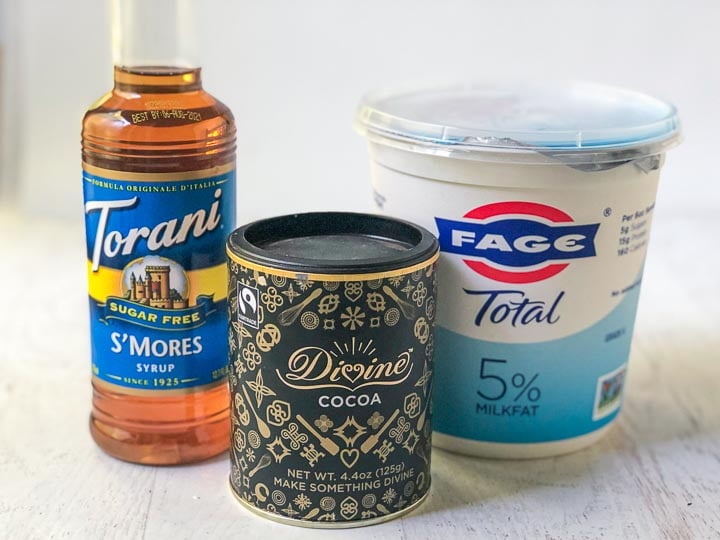 Torani sugar free s'mores syrup, Divine cocoa container and Fage Total 5% yogurt