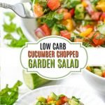white bowl and plate with low carb chopped cucumber garden salad with text